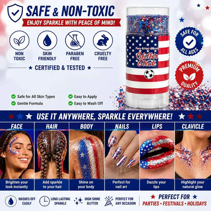 🦅4th of July/Soccer Fan Glitter Stick✨🔔Red, White & Blue Body & Hair Sparkle🚝Free Shipping