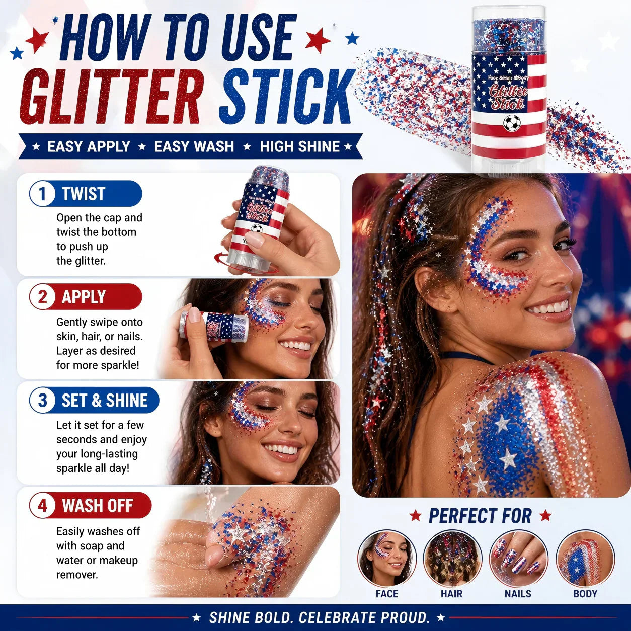 🦅4th of July/Soccer Fan Glitter Stick✨🔔Red, White & Blue Body & Hair Sparkle🚝Free Shipping