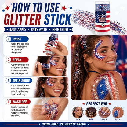 🦅4th of July/Soccer Fan Glitter Stick✨🔔Red, White & Blue Body & Hair Sparkle🚝Free Shipping