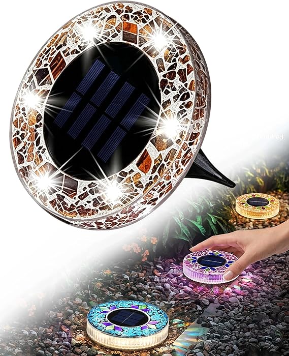 ⏰LAST DAY SALE: 🔥🌞 Solar Stained Glass Mosaic Disk Lights – Wireless Waterproof Outdoor LED Pathway Lights for Gardens, Patios, Walkways & Yard Décor