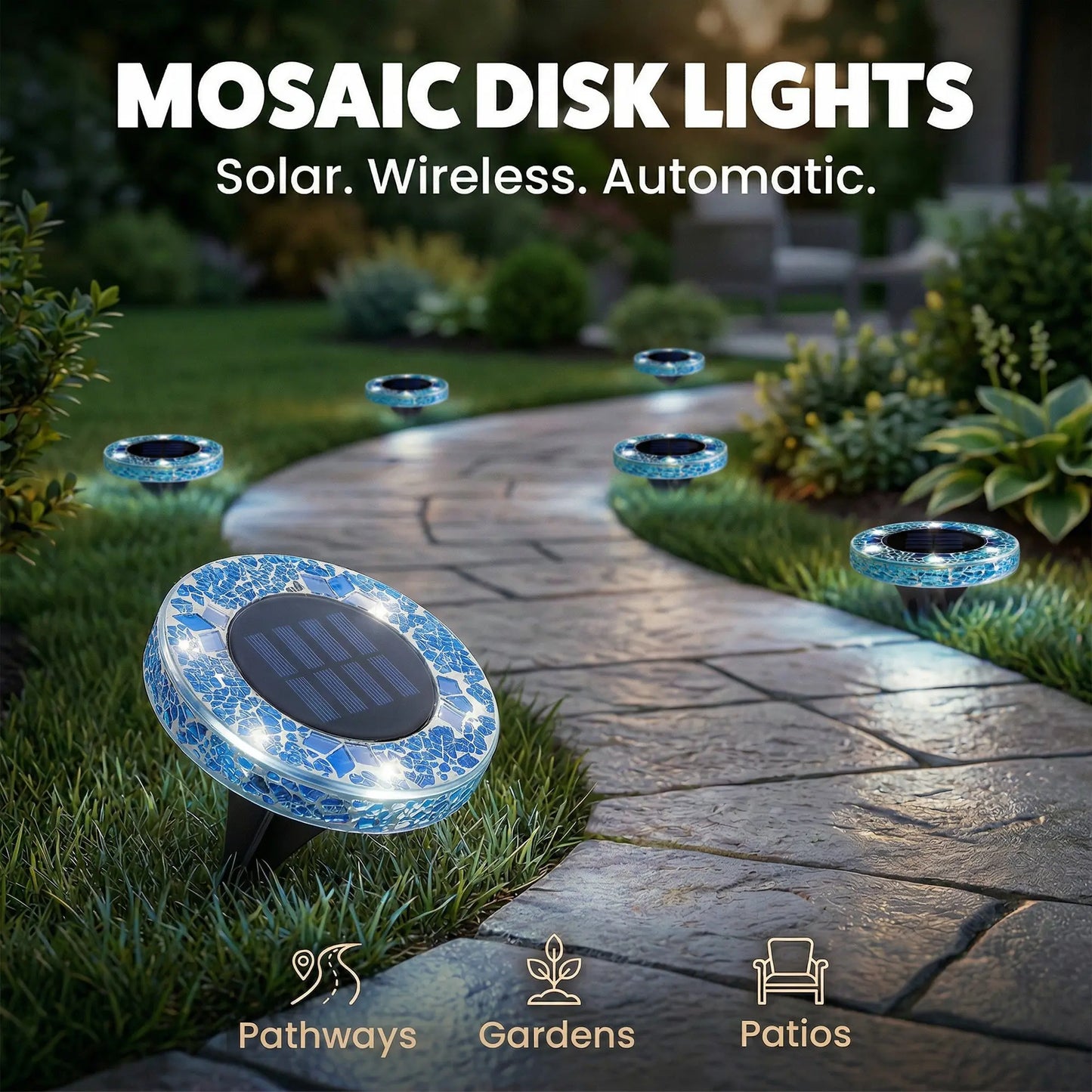 ⏰LAST DAY SALE: 🔥🌞 Solar Stained Glass Mosaic Disk Lights – Wireless Waterproof Outdoor LED Pathway Lights for Gardens, Patios, Walkways & Yard Décor