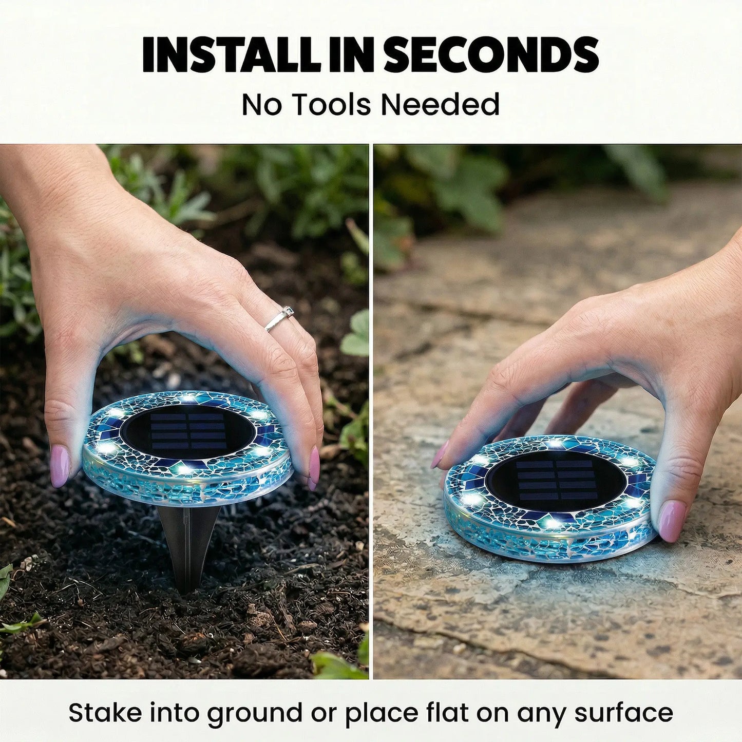 ⏰LAST DAY SALE: 🔥🌞 Solar Stained Glass Mosaic Disk Lights – Wireless Waterproof Outdoor LED Pathway Lights for Gardens, Patios, Walkways & Yard Décor