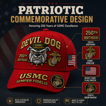 🔥 Father’s Day Sale - ❤️Devil Dog USMC 250th Birthday Commemorative Embroidered Cap（Printed） 🇺🇸